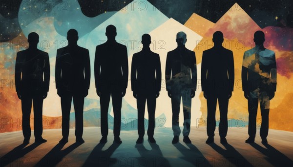 An artistic representation featuring seven individuals in silhouette against a backdrop of a colorful, abstract landscape, suggesting mystery and teamwork, AI generated