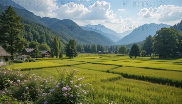 Idyllic mountain landscape featuring lush green rice fields, nestled amidst towering mountains under a bright, sunny sky with fluffy clouds, AI generated
