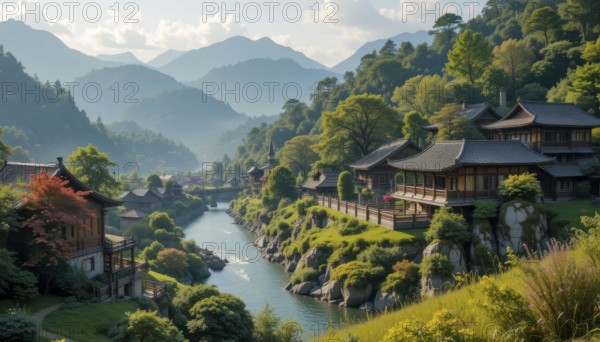 Scenic view of traditional Asian architecture nestled along a tranquil river, surrounded by lush greenery and majestic mountains, AI generated