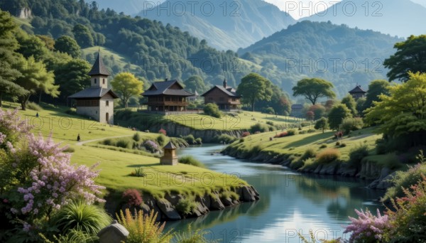 A tranquil scene of a village nestled along a calm river, framed by lush greenery and rolling hills under a bright sky, AI generated
