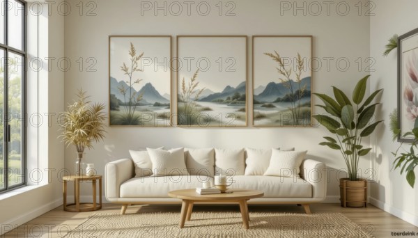 A serene living room featuring a neutral palette, a comfortable sofa, wooden furniture, and framed landscape art, creating a calming ambiance, AI generated