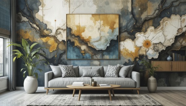 A modern living room featuring a gray sofa, wooden coffee table, and abstract art on a textured wall. The room is decorated with plants, AI generated