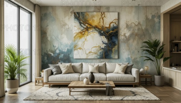 A cozy living room is bathed in natural light, featuring a modern aesthetic with a stylish sofa, artwork, and lush greenery, AI generated