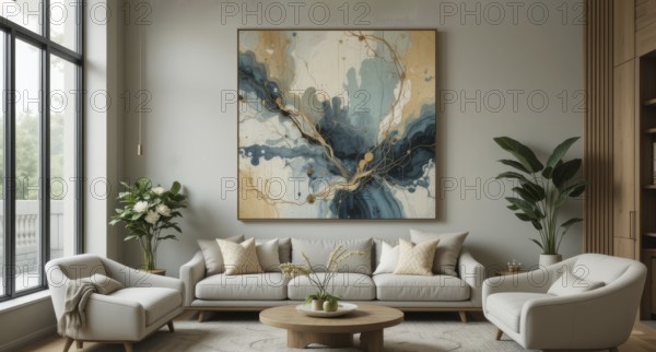 An inviting living room with a large abstract painting, stylish furniture, and natural light creating a cozy ambiance, AI generated