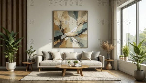 A modern living room showcasing a beige sofa, round coffee table, abstract art, and large windows overlooking greenery, AI generated