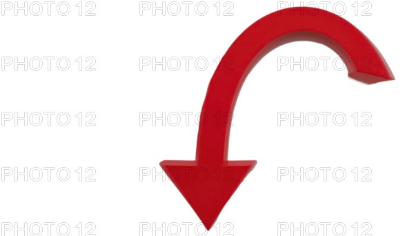 A vibrant, red, downward-pointing arrow in a curved shape against a clean white background, symbolizing direction and progress, AI generated