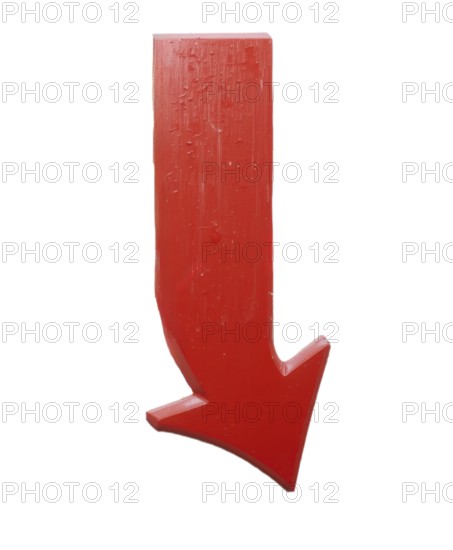 A glossy red arrow pointing downwards, isolated on a white background. The arrow's design is simple, with a rectangular top and a sharp point, AI generated
