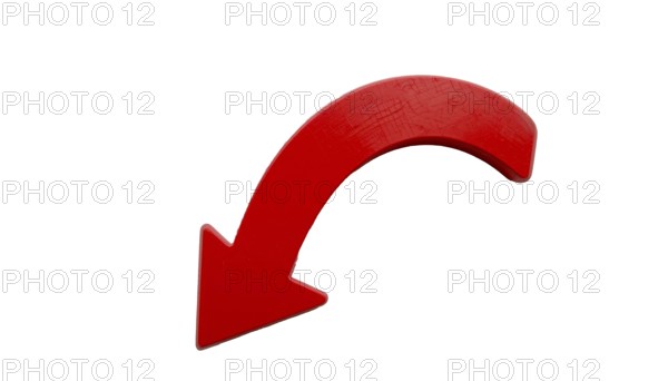 A vibrant red, curved arrow pointing downwards against a clean white background, perfect for conveying direction or concepts, AI generated