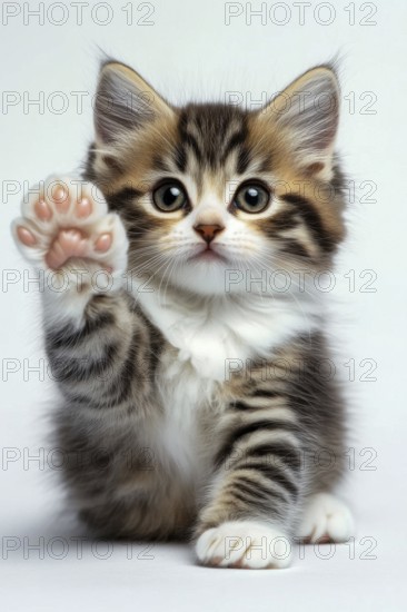 A charming kitten waves its paw towards the viewer, looking adorable with its fluffy fur and captivating eyes, AI generated