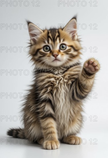 Adorable kitten raises a paw, looking curious and playful against a white background. Its fluffy fur and expressive eyes captivate, AI generated