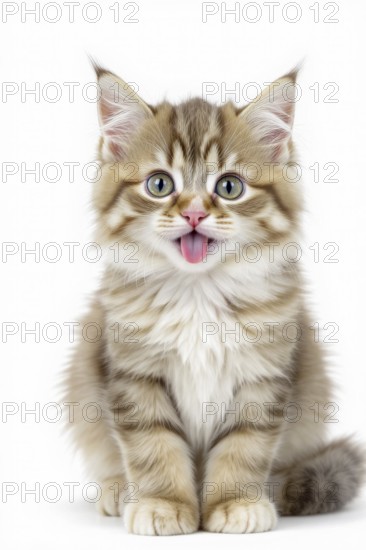 A cute kitten with its tongue out, sitting in front of a plain white background, AI generated