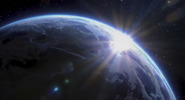 The sun rises over earth, illuminating the planet from space with a bright glow, surrounded by stars in a vast, dark cosmos, AI generated