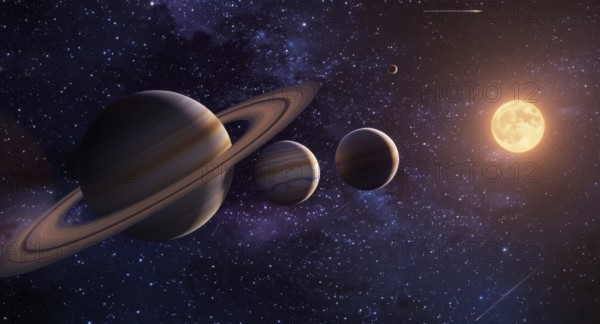 A stunning cosmic scene featuring planets, celestial bodies, a glowing sun, and a backdrop of a star-filled night sky. The image conveys the beauty and mystery of space, AI generated