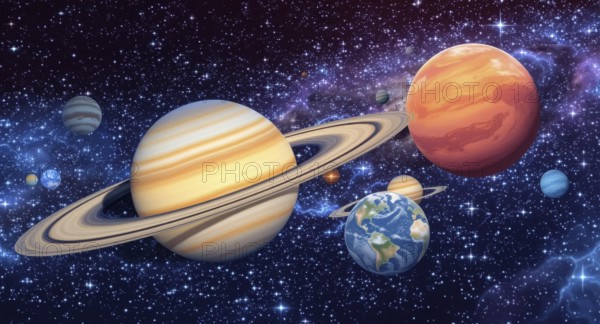 A vibrant depiction of our solar system, showcasing the planets against a stunning backdrop of stars and galaxies, AI generated