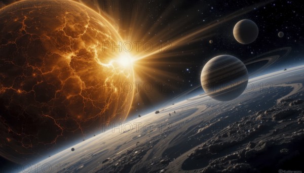 A stunning space scene featuring a fiery planet erupting with light, surrounded by other celestial bodies and rings, AI generated