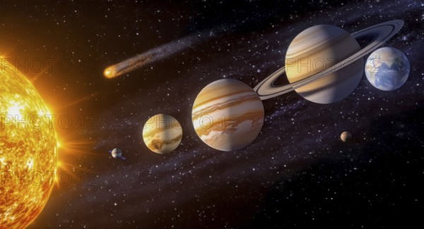 A stunning depiction of the solar system, showcasing planets, the sun, a comet, and a star-filled galaxy, perfect for educational or artistic purposes, AI generated