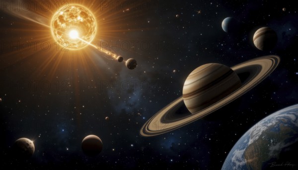 A vibrant digital art piece showcasing planets, stars, and a bright sun amidst a vast space scene, AI generated