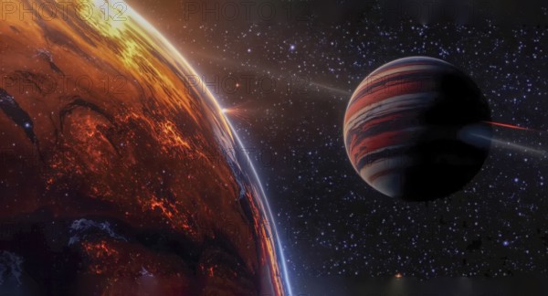 Dramatic space scene features a fiery planet and a gas giant against a starry backdrop, creating a vivid cosmic display, AI generated