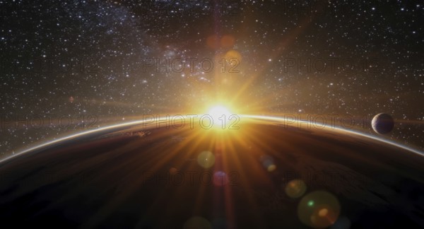 A vibrant sunrise over an alien planet with stars and a moon in the cosmic expanse, creating a sense of wonder, AI generated