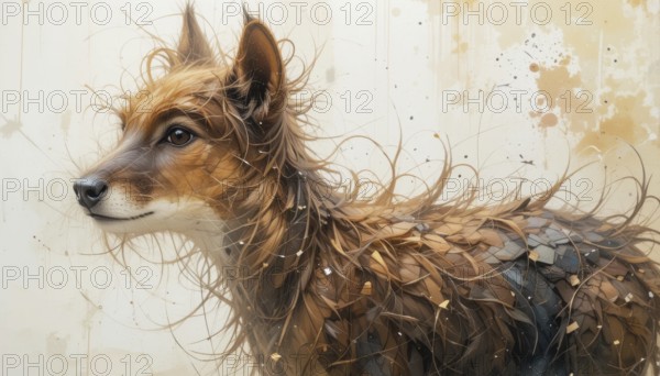 A stunning artistic depiction of a fox with intricate textures and warm colors. The focus is on its expressive face, AI generated