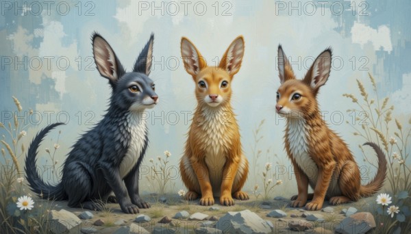 Three stylized rabbits with large ears sitting on a rocky ground, set against a soft blue sky background, AI generated