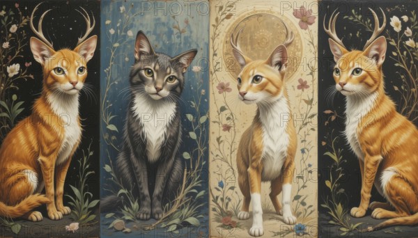 A captivating artwork showcasing four elegant cats, each adorned with antlers, in a serene, whimsical setting, AI generated