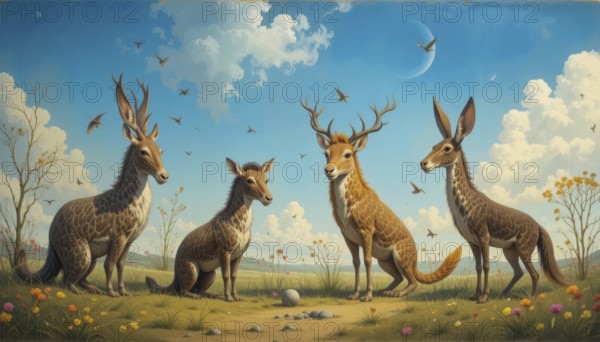 A surreal painting depicts four fantastical creatures with deer-like features in a whimsical meadow under a blue sky, AI generated