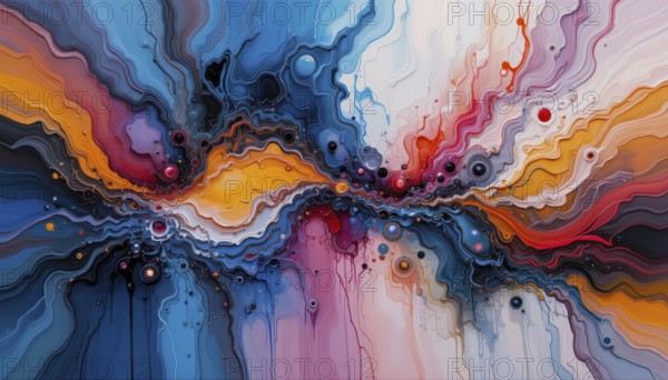 An abstract artwork showcasing a vibrant explosion of colors with flowing, layered textures and organic forms, evoking a sense of energy and movement, AI generated