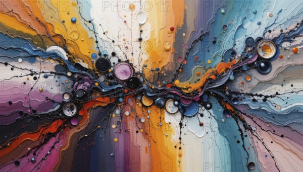 An abstract painting showcasing a vibrant explosion of colors, flowing lines, and textured details. The artwork features swirling patterns and intricate designs, AI generated