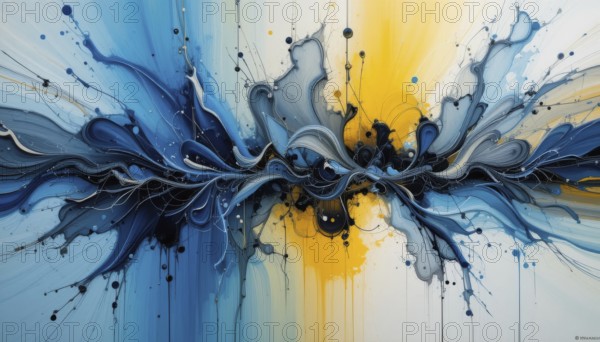 Abstract painting featuring fluid shapes and colors, evoking a sense of motion and artistic expression, with a dynamic composition and vibrant hues, AI generated