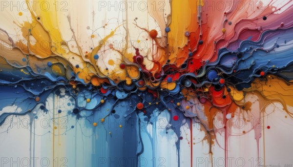 Abstract artwork featuring a dynamic explosion of colors and textures, blending artistic expression and visual interest on a white background, AI generated