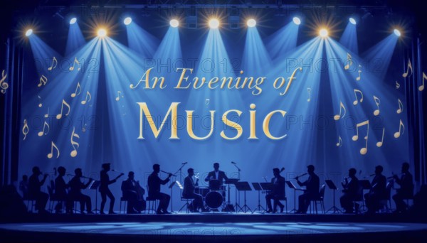 A stage featuring a musical performance with an orchestra, spotlights, and musical notes, creating an elegant ambiance, AI generated