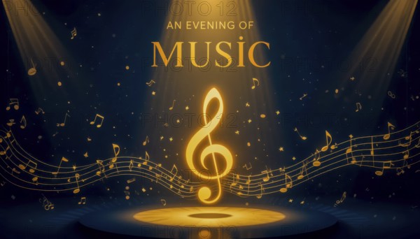 A vibrant poster for an evening of music, featuring a golden treble clef under spotlights with scattered musical notes, AI generated