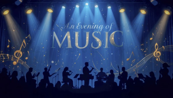 An artistic illustration depicting a musical performance. The stage is illuminated, with musicians and the audience in silhouette, AI generated