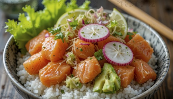 A close-up shot of a vibrant and delicious salmon poke bowl, filled with fresh ingredients, resting on a wooden surface, AI generated
