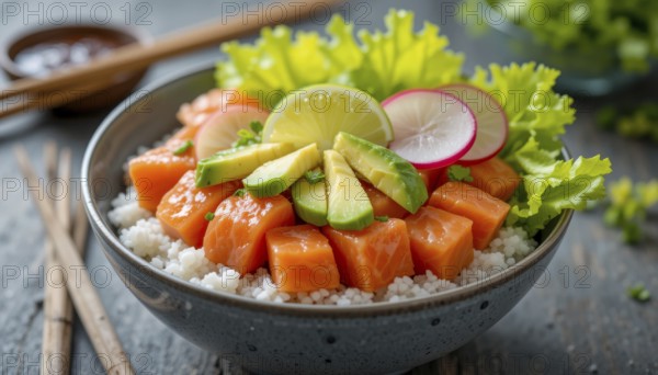 A close-up shot of a delicious salmon poke bowl with fresh avocado, radish, lime and lettuce, served on a bed of rice, AI generated