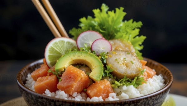A close-up of a delicious poke bowl with salmon, avocado, radish, and lime. The chopsticks are delicately placed, AI generated