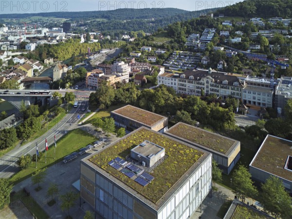 View of the town, on the left the high bridge and the covered wooden bridge with the Landvogteischloss, Baden, Canton, Aargau, Switzerland