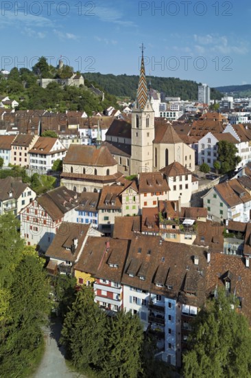 View of the old town with the parish church of Maria Himmelfahrt, behind the ruins of Stein Castle, formerly an administrative centre of the Habsburgs, Baden, Canton, Aargau, Switzerland
