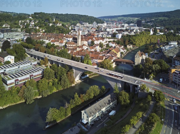 View of the town with the high bridge in front, the old town and the covered wooden bridge with the Landvogteischloss on the river Limmat behind, Baden, Canton, Aargau, Switzerland