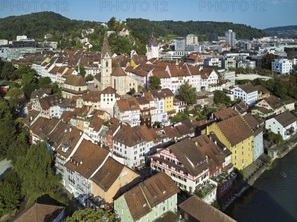 View of the old town with the parish church of Maria Himmelfahrt, behind the ruins of Stein Castle, formerly an administrative centre of the Habsburgs, Baden, Canton, Aargau, Switzerland