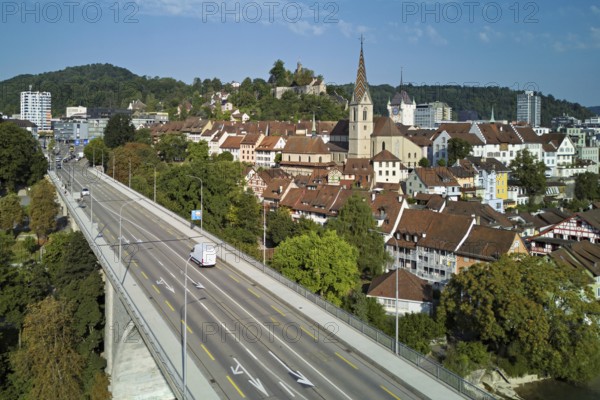 View of the old town with the parish church of Maria Himmelfahrt, in the foreground the high bridge, in the background the ruins of Stein Castle, formerly an administrative centre of the Habsburgs, Baden, Canton, Aargau, Switzerland