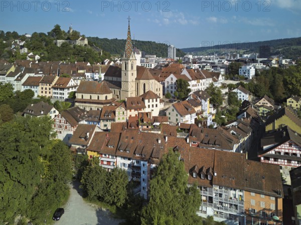 View of the old town with the parish church of Maria Himmelfahrt, behind the ruins of Stein Castle, formerly an administrative centre of the Habsburgs, Baden, Canton, Aargau, Switzerland