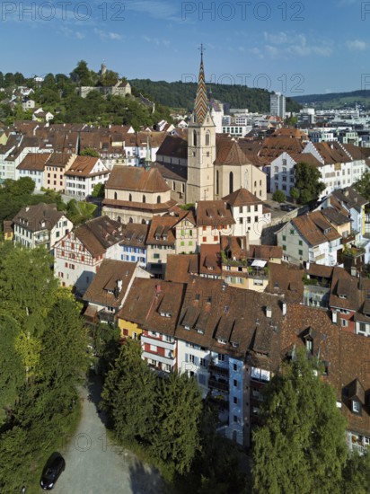 View of the old town with the parish church of Maria Himmelfahrt, behind the ruins of Stein Castle, formerly an administrative centre of the Habsburgs, Baden, Canton, Aargau, Switzerland