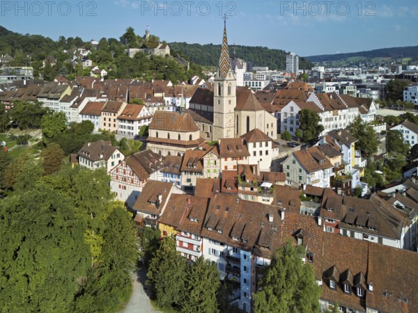 View of the old town with the parish church of Maria Himmelfahrt, behind the ruins of Stein Castle, formerly an administrative centre of the Habsburgs, Baden, Canton, Aargau, Switzerland
