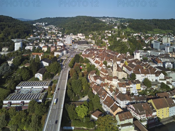 View of the old town with the parish church of Maria Himmelfahrt, in the foreground the high bridge, in the background the ruins of Stein Castle, formerly an administrative centre of the Habsburgs, Baden, Canton, Aargau, Switzerland