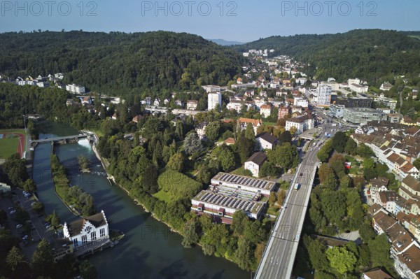 High bridge from above over the river Limmat, on the right the old town, Baden, Canton, Aargau, Switzerland