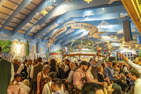 Visitors in the Hacker Pschorr marquee at the Oktoberfest 2024 in Munich, Bavaria, Germany