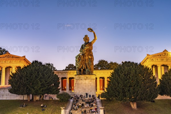 Ruhmeshalle and Bavaria Statue at dusk, Munich, Bavaria, Germany