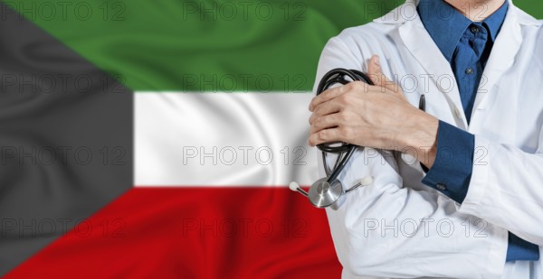Doctor with stethoscope on Kuwait flag. Doctor holding stethoscope on Kuwait flag